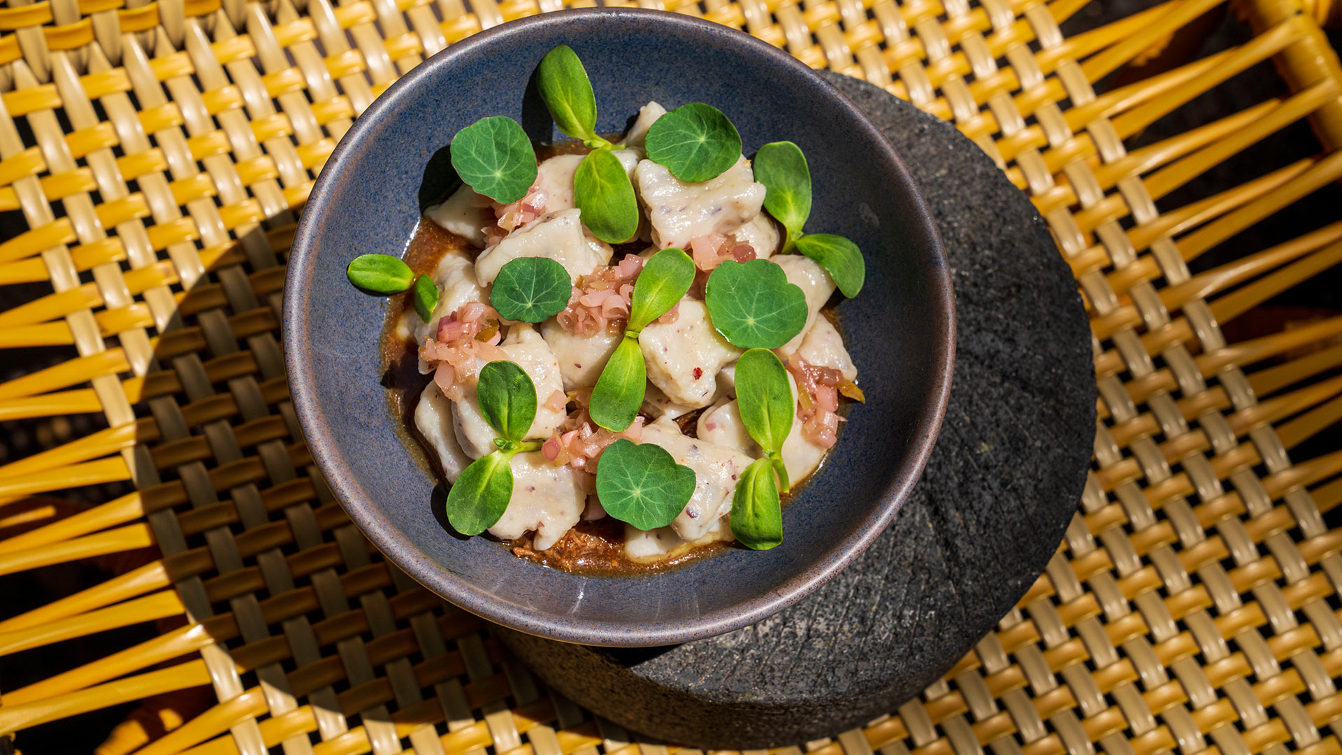 Grassfed Culture — masa dumplings, nasturtium, molcajete